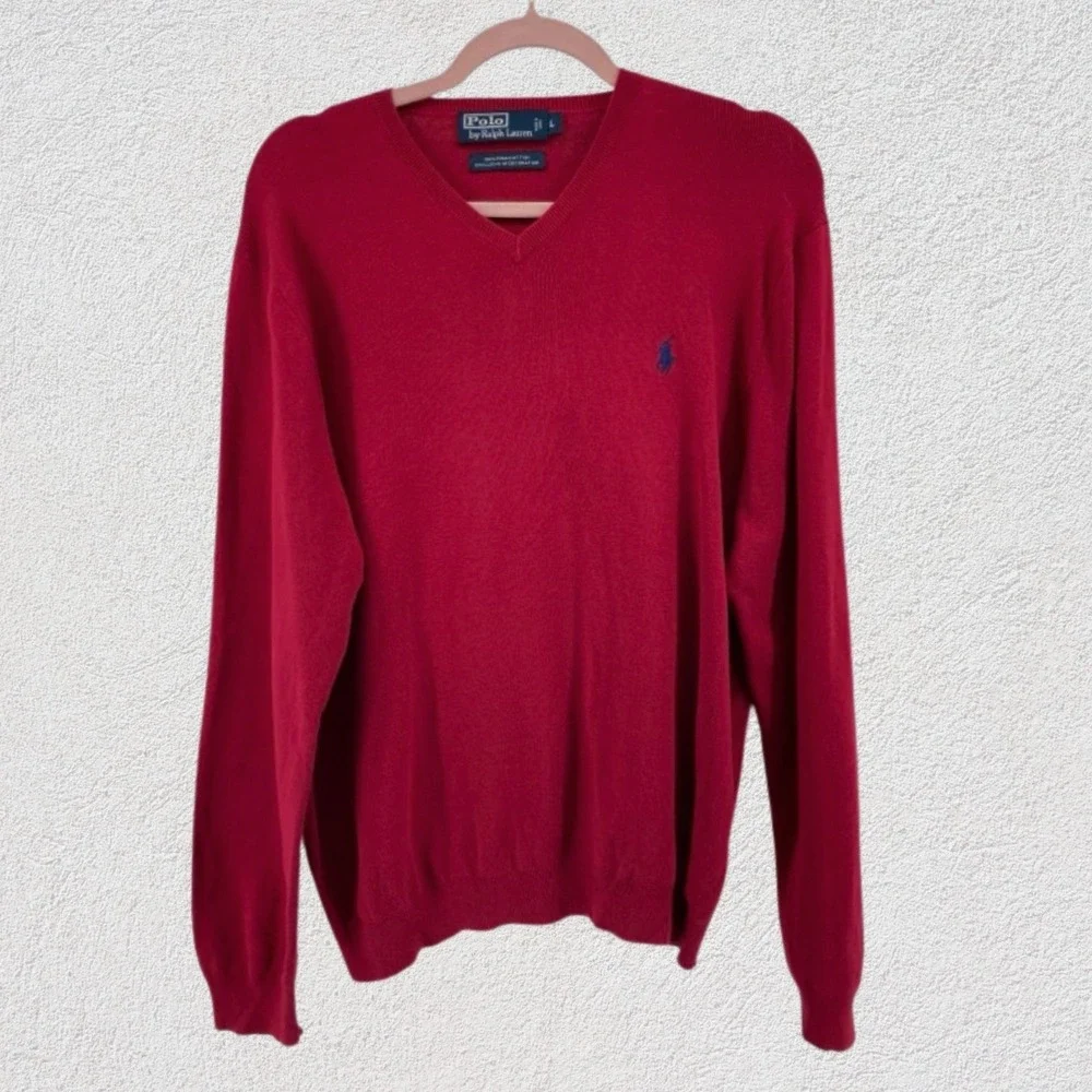 Polo Ralph Lauren Pima Cotton‎ V Neck Sweater Red Men Large Preppy Valentine
